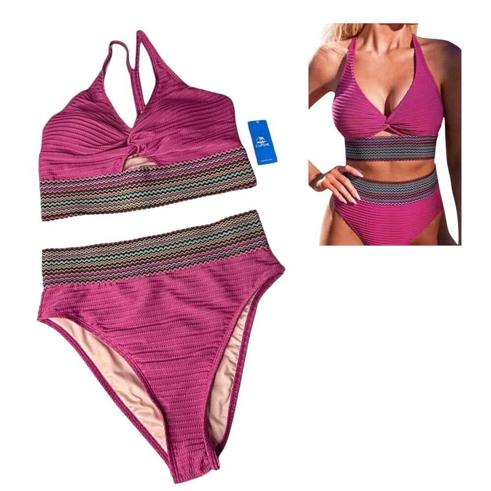 NEW Cupshe SWIMSUIT Women's MED Magenta Twist Peek Bikini Top High Waist Bottom